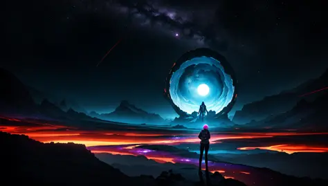 (masterpiece), (best quality), (stunning digital art), science fiction scene, curious alien creature, exploring the depths of space, set in an alternate universe, standing on the surface of an exotic planet, near a mysterious dark hole, otherworldly landscape, vivid colors, intricate details, mesmerizing celestial phenomena, captivating lighting, evoking a sense of wonder and adventure