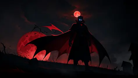 (masterpiece), (best quality), (detailed digital illustration), sinister vampire creature, baring sharp fangs, glowing red eyes, standing under a blood moon, dark, gothic atmosphere, surrounded by shadows and mist, tattered cape billowing in the wind, ominous and menacing presence, captivating colors and lighting, evocative of classic horror stories