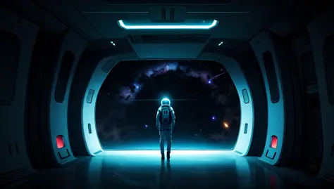 atmospheric illustration of a space traveler in a spaceship looking  through the window, seeing the universe filled with stars, ...