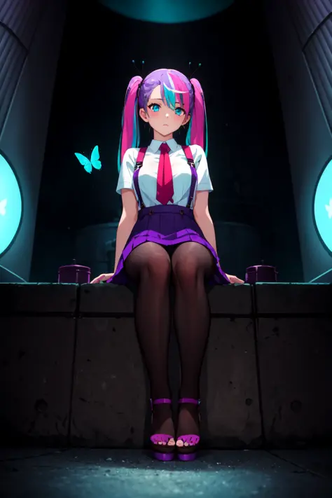 (masterpiece, best quality:1.4), cinematic light, colorful, high contrast, 1girl, sukajan, suspender skirt , wedge heels, thighband pantyhose, cooling tower, night, butterfly sitting, purple hair , aqua eyes, streaked hair, sidelocks, very long hair, twintails