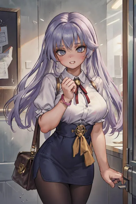 anime girl with long purple hair and a white shirt