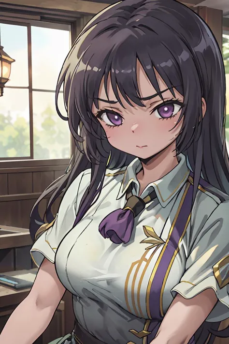 anime girl in uniform with purple eyes and a purple bow