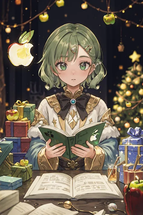 anime girl reading a book in front of a christmas tree