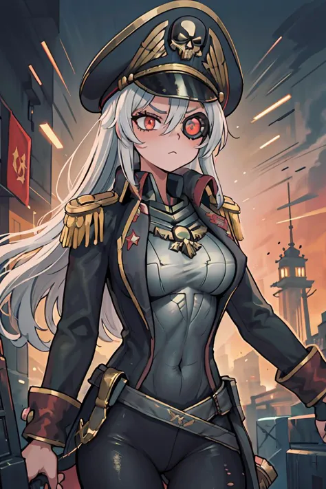 a woman in a military uniform standing in front of a city