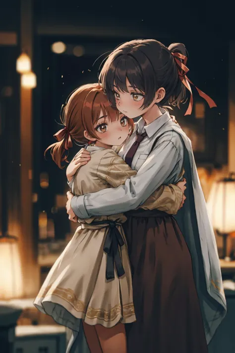 a couple of anime characters hugging each other in a dark room