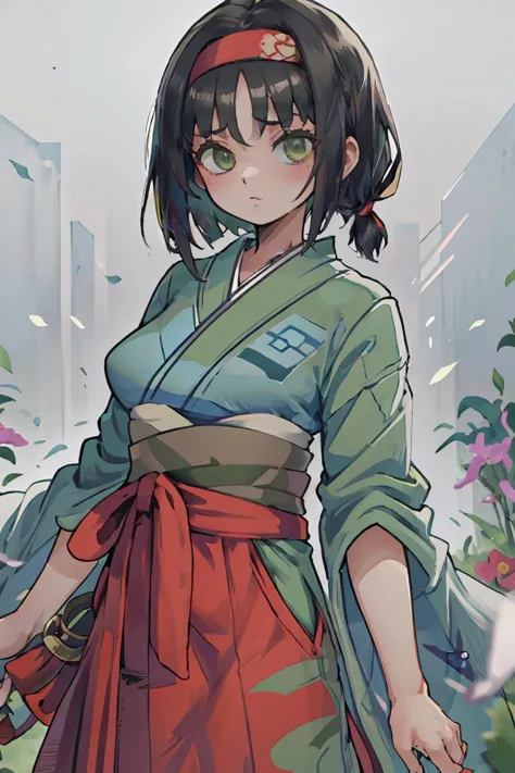 (masterpiece, best quality), 1girl,   <lora:Erika_Pokemon_Anime_Dim32:1> Erika_Pokemon, green eyes, short black hair, kimono, hakama, red hairband,