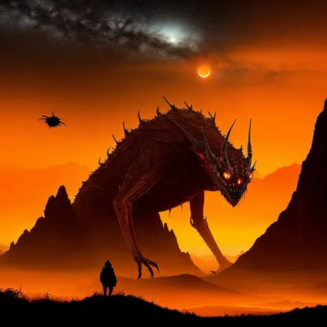 a close up of a person standing on a hill near a giant monster