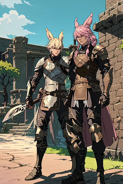 FFXIV_Viera, 1 boy, male focus, two tone hair, blonde hair, holding, standing, weapon, pink hair, braid, boots, outdoors, sword,...