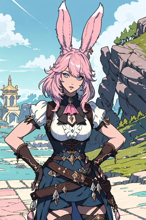 FFXIV_Viera, 1girl, solo, looking at viewer, bangs, blue eyes, gloves, animal ears, jewelry, pink hair, outdoors, belt, fingerle...