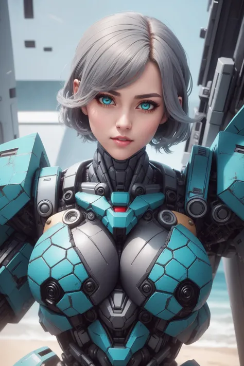 a promotional photo of a [seductress|siren] soldier, edgMecha, a woman wearing edgMecha, mecha suit, robot suit, ((giant woman)), <lora:edgMechaSuit:1>, 85mm,delicate, perfect face, pretty face, turquoise eyes, gray hair, very short hair, flat chest, lush detail, absurdres,