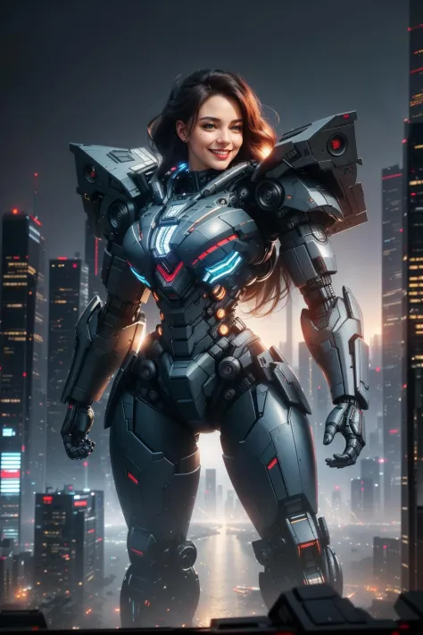 ((Masterpiece, best quality,edgQuality)),smiling,excited,
edgMecha, a ((giant woman)) in robot suit standing in front of a city at night ,woman wearing edgMecha, mecha suit <lora:edgMechaSuit:1>