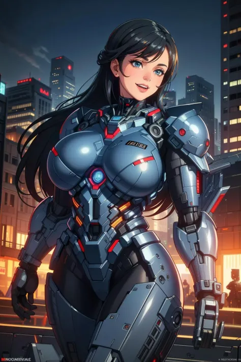 ((Masterpiece, best quality,edgQuality)),smiling,excited,
edgMecha, a ((giant woman)) in robot suit standing in front of a city at night ,woman wearing edgMecha, mecha suit <lora:edgMechaSuit:1>