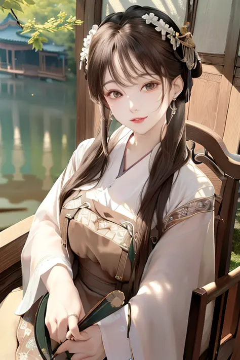 upper body, oil painting, masterpiece, best quality, highres, <lora:koreanDollLikeness_v15:0.5>, long brown hair, jewelry hairpin, breast, riverside and chair, sitting, song Dynasty, song clothing, <lora:hanfuChinese_v20:1>