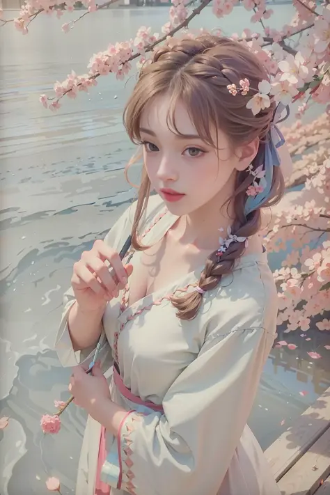 best quality,(RAW photo:1.2),(masterpiece:1.4),(photorealistic:1.4),(highres:1.4),
1girl, long hair, braid, butterfly, depth of field, from above,
hanami, cherry blossoms, lake, beautiful detailed water, long eyelashes, 
 pureerosface_v1, hanfu,