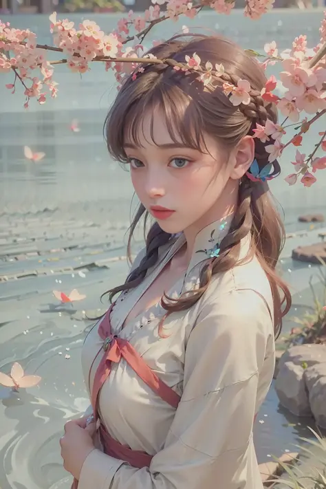 best quality,(RAW photo:1.2),(masterpiece:1.4),(photorealistic:1.4),(highres:1.4),
1girl, long hair, braid, butterfly, depth of field, from above,
hanami, cherry blossoms, lake, beautiful detailed water, black hair, long eyelashes, 
 pureerosface_v1, <lora:hanfu_v28:0.8>, hanfu,
 <lora:aespaKarina_aespaKarinaV2(TW_AESPAKARINA):0.2>, AESPAKARINA,