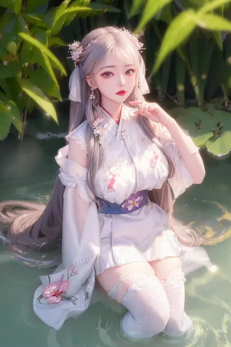 best quality, realistic, highres,masterpiece,photorealistic, ultra realistic 8k cg,perfect artwork,epic,intricate detail, delicate pattern,
1girl wearing hanstyle,beautiful girl,gorgeous goddess, deity,flawless,sexy,charming,seductive,erotic, alluring, enchanting, nsfw,
perfect female body,mature female,shiny skin, skindentation, narrow waist, full body, huge breasts, puffy nipples,
picture-perfect face,perfect face, beautiful face,looking at viewer,absurdly long hair, hair ribbon, hair flower, glowing eyes,
<lora:hanfu_v28:0.5>,(hanstyle,hanfu,han clothing),white thighhighs,
onsen,  valley,waterfall, bamboo, transpiration of water vapor,sunlight,fog,<lora:koreanDollLikeness_v10:0.3>,<lora:taiwanDollLikeness_v10:0.2>,<lora:japaneseDollLikeness_v10:0.1>, <lora:chilloutmixss_xss10:0.2> ulzzang-6500-v1.1:0.5