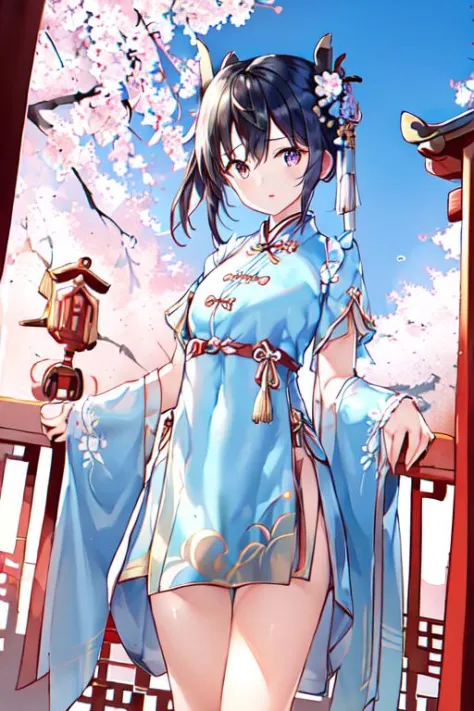1girl, standing, before ancient chinese temple, after rain, clear sky,  tang style outfits, chest ru skirt, yunjian:1.2, <lora:h...