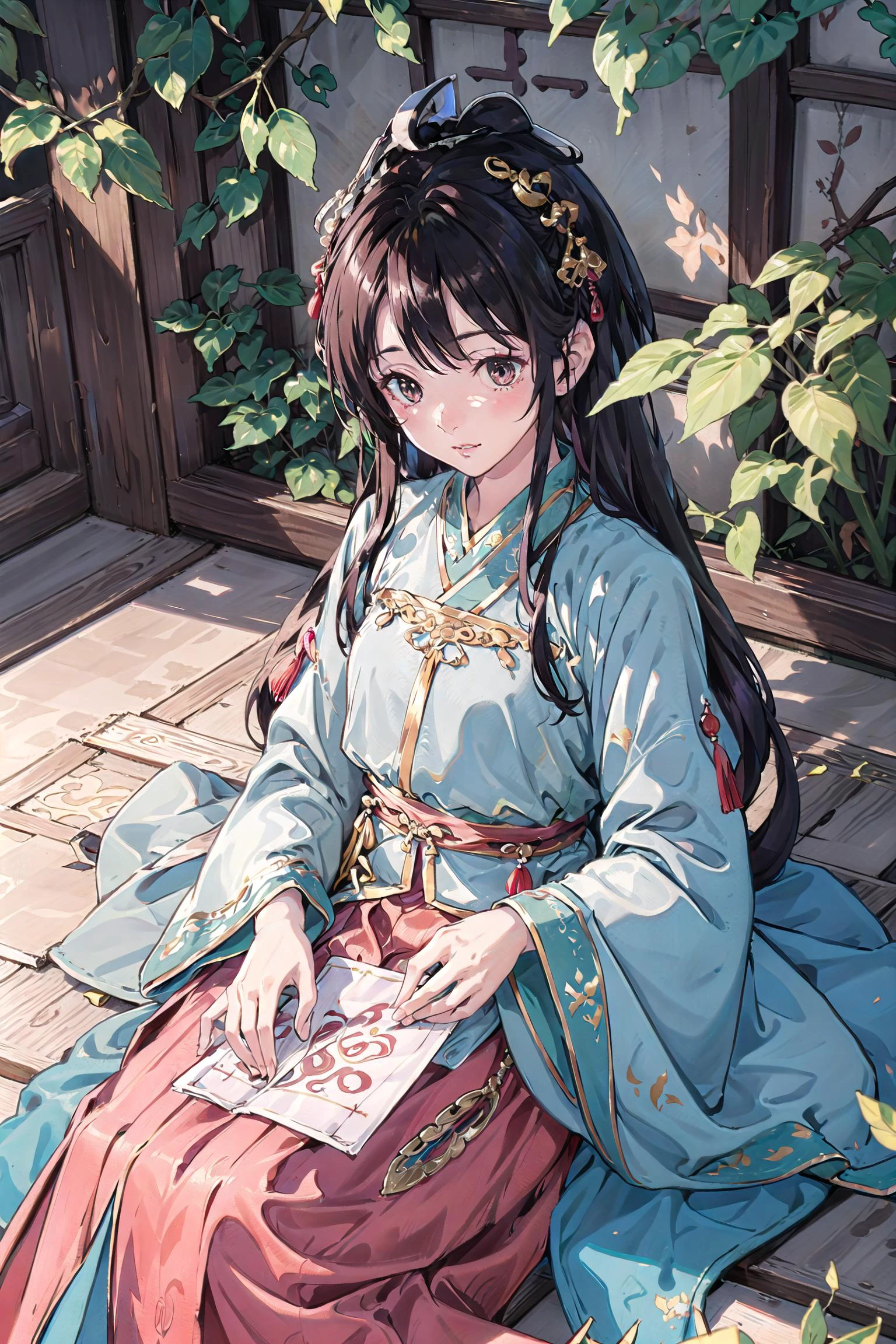 1girl, 21 years old, detailed face, long hair, innocent, seductive face,
hanfu, ming style, Lute-shaped sleeve, mamian skirt, long coat, yunjian,
,golden, interactive, sitting down, (from above: 1.6) 
