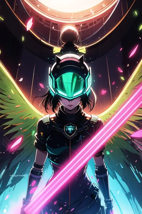 a woman in a futuristic outfit with wings and a glowing halo