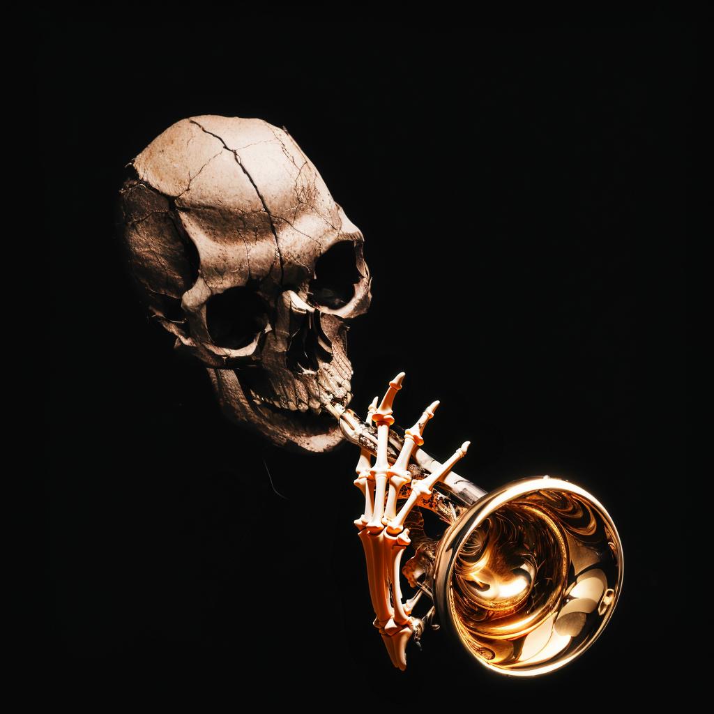 A close up of a skull with a trumpet in its mouth - SeaArt AI