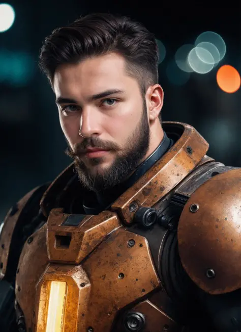 close up Portrait photo of muscular bearded guy in a worn mech suit, ((light bokeh)), intricate, (steel metal [rust]), elegant, sharp focus, photo by greg rutkowski, soft lighting, vibrant colors, masterpiece, ((streets)), detailed face