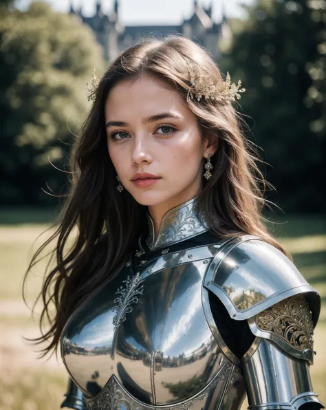 (masterpiece), (extremely intricate:1.3),, (realistic), portrait of a girl, the most beautiful in the world, (medieval armor), metal reflections, upper body, outdoors, intense sunlight, far away castle, professional photograph of a stunning woman detailed,...