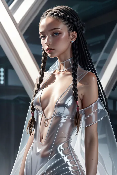 futuristic translucent weird fashion, hello world, beautiful, --AS-Young, long hair with braids, very long flowing detailed hair, plastic clothing,
