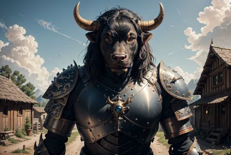 (high detailed), bull, cute, wearing tattered medieval heavy armor, looking evil, bad mood, deafening, Medow landscape, blue sky...