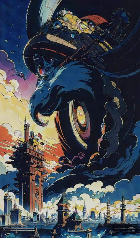 howls moving castle, koowlong, feudal, (masterpiece:1.21), giant enormous all encompassing eye watching down on the city, looking down, (best quality:1.21),(high-detial:1.21),(realistic:1.21), Industrial age city, deep perspective, maximalist, unprecedente...