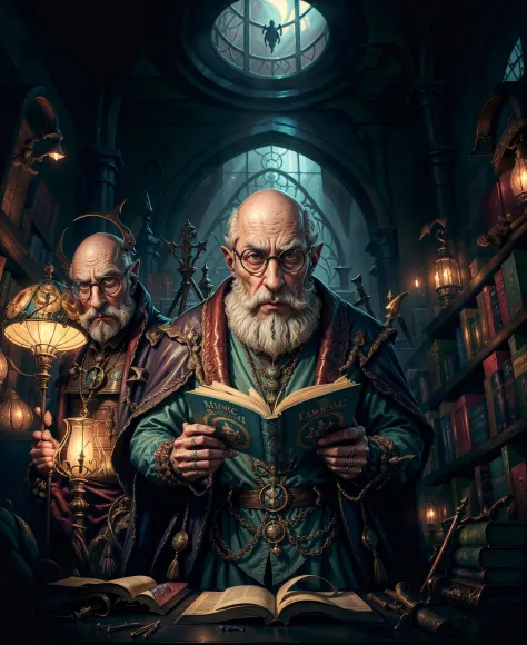 Man studying books in the night at the large mysterious and strange library filled with books and furniture and ancient and occult secrets, renaissance aesthetic, pastel colors aesthetic, intricate fashion clothing, highly detailed, surrealistic, digital p...