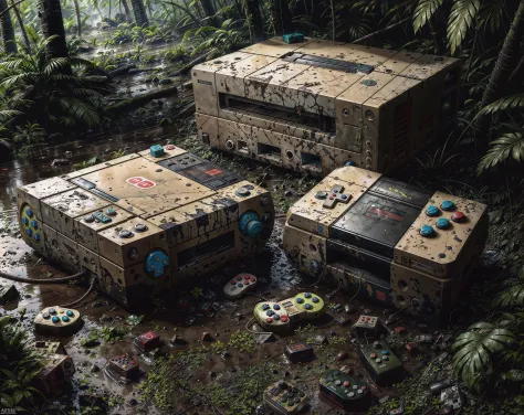 old abandoned nintendo game console in the jungle,  Topnotch Artstyle, tossed in the dirt, mud, scratches, dent, broken, crushed, shattered, rain, wet, water, droplets, film grain, grainy, vintage, lots of smudge and grime and texture, 