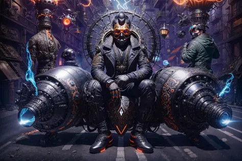 full body person sitting on a hoverbike made out of a jet engine with blue and orange plasma flames coming out of the back, the rider is wearing a weird futuristic mask and helmet, studio fashion photography, street fashion photography, canon, 22mm, 18mm, ...