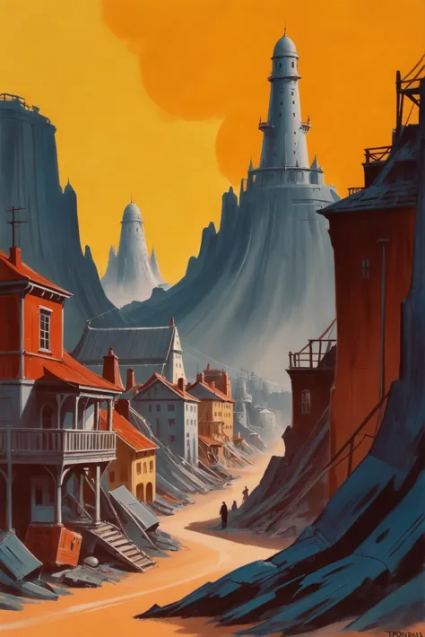 painting of a town with a tower and a mountain in the background