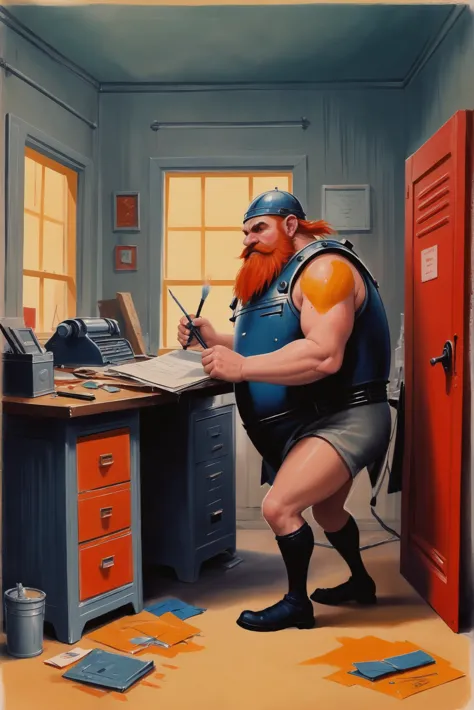 painting of a man with a beard and a bearding sitting at a desk