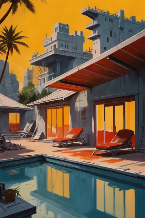 painting of a pool with lounge chairs and a table in front of a building