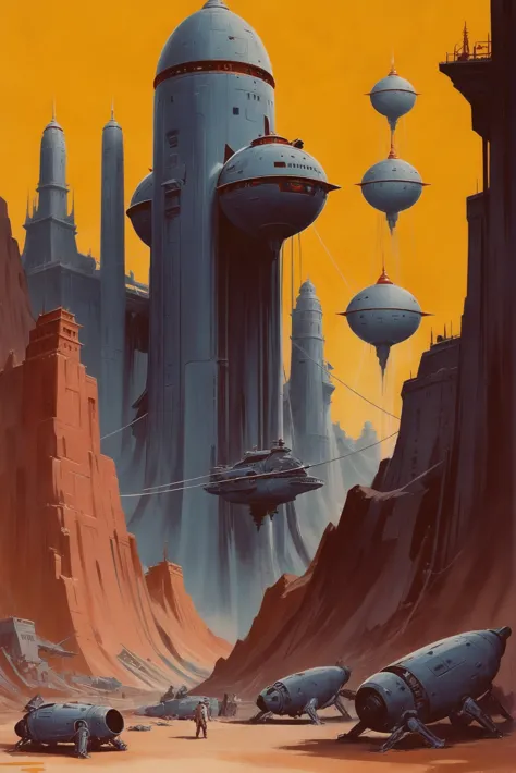 a painting of a futuristic city with a man walking in the distance