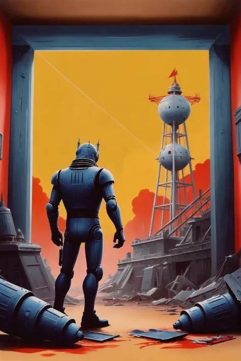 a close up of a robot standing in a room with a water tower in the background