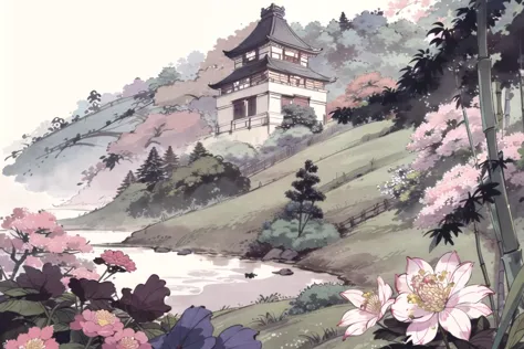 (masterpiece,best quality),8K, high res, ultra-detailed, fine detailed, highly detailed, intricate, highly detailed, ultra-detailed, Japan, Japanese style landscape, a overgrown, overgrown Japanese style castle surrounded by a beautiful lush environment, delicate bamboo groves, vibrant colorful flowers, Japanese flower garden, <lora:shuimobysimV3:0.7> <lora:makina69_bluedream_v1.0:0.2>