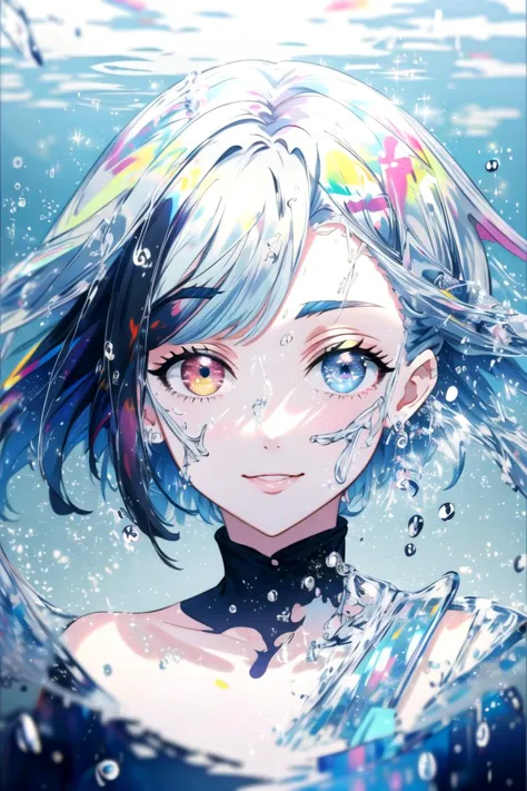 ((masterpiece,best quality)), 1 girl, portrait, multicolor_hair, looking_at_viewer, masterpiece, best quality, (colorful:1.2), open smile, heterochromia, water, splash <lora:ç¼çå:1> <lora:add_detail:0.35> <lora:animetarotV51:0.6>ray tracing, <lora:atdan:0.65>,atdan,caustics, <lora:makina69_bluedream_v1.0:0.5>, <lora:CrystallineAI:0.5>