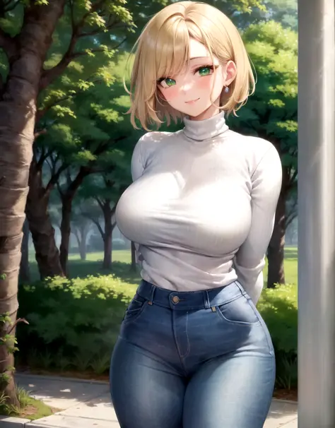 masterpiece, best quality, ultra-detailed, beautiful lighting, Woman, tight jeans, blonde hair, (green eyes:1.3), (white sweater:1.2), turtleneck, standing up, in park, beautiful scenery, slight blush, smiling, (cute smile:1,1), (glossy lips:1.1), (beautif...