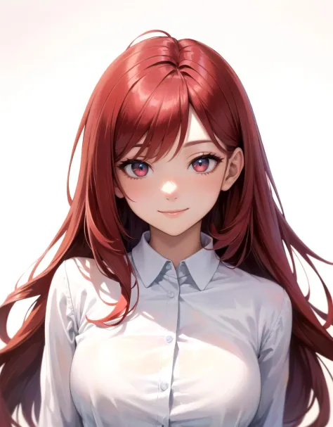 masterpiece, best quality, ultra-detailed, beautiful lighting, 1girl, portrait, red hair, red eyes, perfect face, (perfect eyes:1.2), white shirt, calm, closed mouth, smile, breasts, (simple_backround:1.6, white_backround:1.3), pov