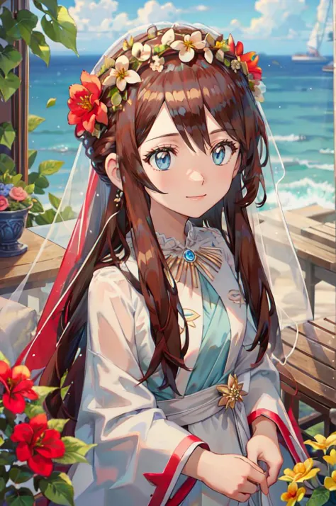 <lora:Melody_Pokemon:0.5>  Melody_Pokemon, blue eyes, long hair, brown hair,  white dress, bridal veil, flowers, head wreath, sm...