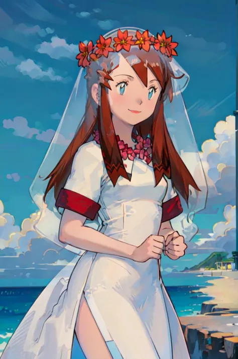 Mélodie_pokémon, yeux bleus, cheveux longs, cheveux bruns,  Robe blanche, voile de mariée, fleurs, couronne de tête, sourire, Océan, falaise,    absurdes, ultra détaillé, chef-d&#39;œuvre, Meilleure qualité, Esthétique, détaillé,