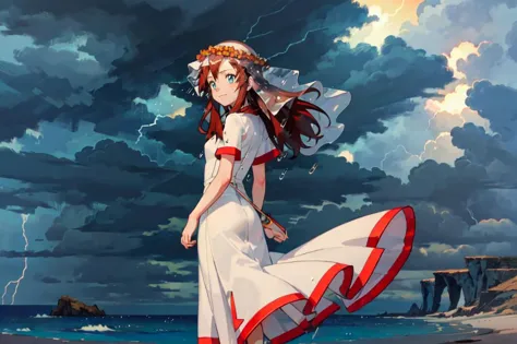 anime girl in white dress standing on beach with umbrella