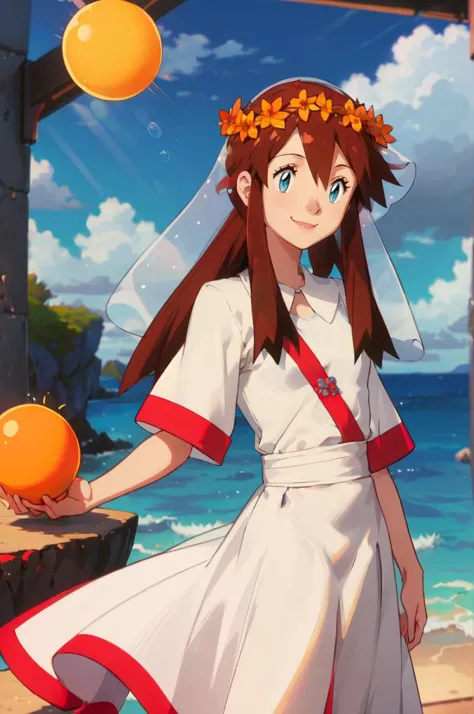 anime girl in white dress holding oranges on beach near ocean