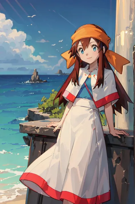 <lora:Melody_Pokemon:0.8> Melody_Pokemon,  blue eyes, long hair, brown hair,  white dress, bandana, capelet, smile, arms behind back, (leaning foward:1.5), ocean, cliff, crystal broken pillar,, absurdres, ultra detailed, masterpiece, best quality, aesthetic, detailed,