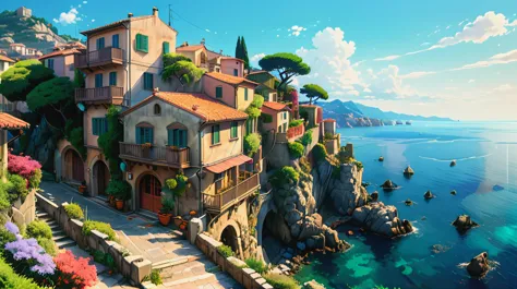 anime scenery of a village on the edge of a cliff