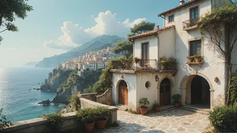 aesthetic landscape picture anime, Ghibli, detailed, HDR, Enhance, MEDITERRANEAN,muted colors, 8k, masterpiece, white stucco walls,. <lora:xl_more_art-full_v1:0.8>,  <lora:ghibli_last:0.3>,  <lora:add-detail-xl:0.5>,  <lora:Dont_Stop_Me_Now:0.5>,  <lora:Vintage_Street_Photo:0.5>, perfect architecture