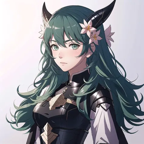 anime girl with green hair and horns and a flower in her hair