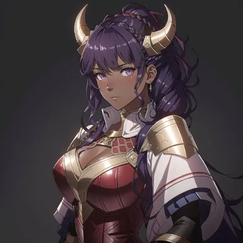 a close up of a woman with horns and a dress